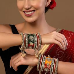 PANASH Set Of 18 Gold-Plated Stones Studded & Pearls Beaded Bangles Chuda Set image 2
