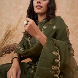 Sangria Olive Floral Embroidered Silk Straight Kurta With Trouser & Dupatta Set-19