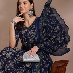Anouk Navy Blue Ethnic Motifs Printed Pure Cotton Anarkali Kurta & Trouser With Dupatta-51