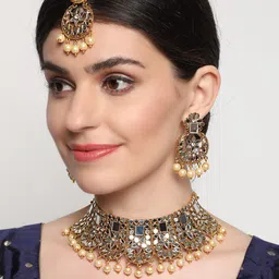 Anouk Gold-Toned & White Gold-Plated Mirror-Studded & Beaded Jewellery Set-picture-4