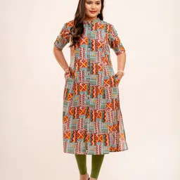MomsBae Geometric Printed Mandarin Collar Pure Cotton Feeding Maternity A-Line Kurta-image-12