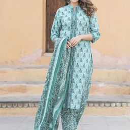 KALINI Floral Printed Mandarin Collar Pure Cotton Straight Kurta With Trousers And Dupatta-picture-15