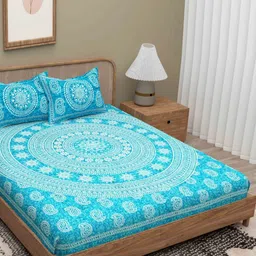 Lali Prints Blue & White Geometric 180 TC Queen Bedsheet with 2 Pillow Covers-image-79