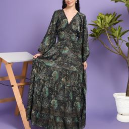 Boholyfe Women V-Neck Ethnic Motifs Printed Tiered Puff Sleeve Maxi Dress-image-68