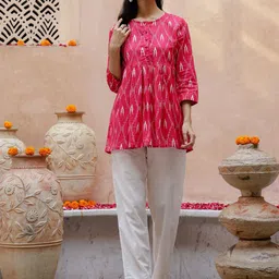 Sangria Pink Ikat Printed Round Neck Pure Cotton Anarkali Kurti With Trousers-picture-23