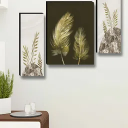 SAF Black & Green 3 Pieces Leaf Floral And Botanical Wooden Wall Art-image-61