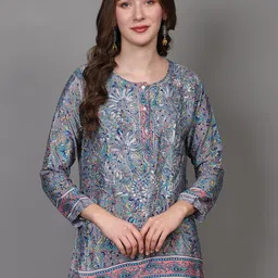 Exotic India Women Dusty-Blue Ethnic Motifs Embroidered Short Kurti-image-41