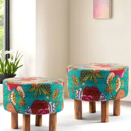 Ikiriya Pack Of 2 Green & Pink Printed Wooden Ottomans-4