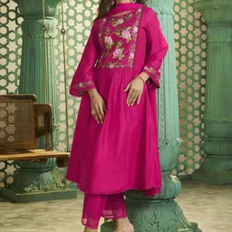 Bhama Couture Jennifer Winget Pleated Cotton Silk Anarkali Kurta With Trouser & Dupatta-57