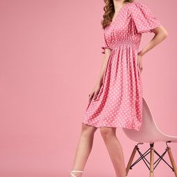 CORSICA Women Polka Dot Print Flared Sleeve Crepe Fit & Flare Dress-image-56
