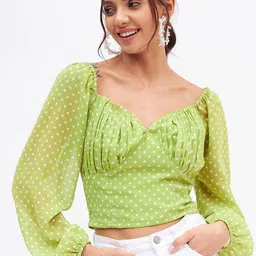 Kibo Polka Dot Print Sweetheart Neck Puff Sleeve Georgette Top-picture-33
