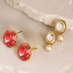 ORANGENYSHA Set Of 2 Korean Gold-Plated Crystal Studded Oval Shaped Studs-picture-11