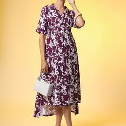 SUFIZA LIFESTYLE Floral Printed Shirt Collar A-Line Midi Dress-image-76