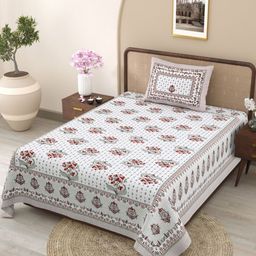 TrueYarns White & Red Printed Pure Cotton 300 TC Single Bedsheet Set 1.52m x 2.28m-11