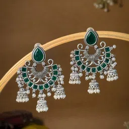 NAMAN ARTS Silver-Plated Artificial Stones Studded & Beaded Oxidised Drop Earrings-38