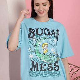 Dreambe Women Fusion Typography Printed Round Neck Cotton Oversized T-shirt-image-2