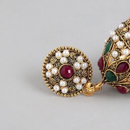 Anouk Gold-Plated Artificial Stones Studded & Beaded Dome Shaped Jhumkas image 3