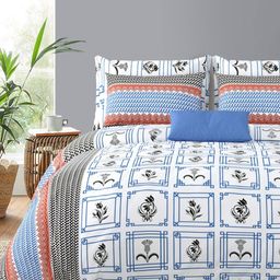 Varde White & Blue Ethnic Motifs 210 TC Queen Bedsheet with 2 Pillow Covers-image-71