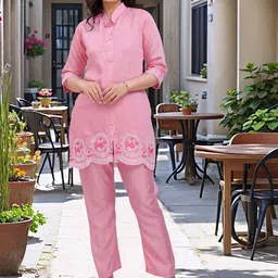 KALINI Embroidered Mandarin Collar Neck Tunic With Trousers Co-Ords-image-98