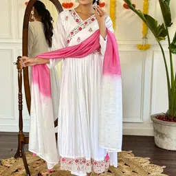 Moda Rapido Floral Embroidered Anarkali Chanderi Silk Kurta With Trousers & Dupatta-image-90