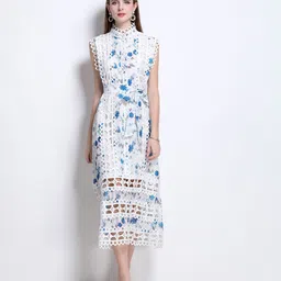JC Collection Women Floral Print Lace Tiered Belted A-Line Midi Dress-image-98