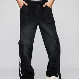 FREAKINS Men Wide Leg High-Rise Light Fade Cotton Cargo Jeans-image-75