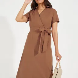 Styli Women Solid Short Sleeve Wrap Style Midi Dress-image-32