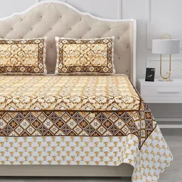 BELLA CASA Yellow & Brown Floral 180 TC King Bedsheet with 2 Pillow Covers-picture-33