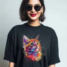 Storeily Adorable Cat Design Printed Round Neck Cotton Oversized T-shirt-image-25