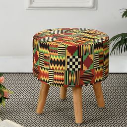 RIANCE CREATIONS Green & Yellow Printed Wooden & Velvet Round Ottoman-image-69