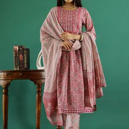 Sangria Floral Printed Round Neck Pure Cotton A-Line Kurta With Trouser And Dupatta-3