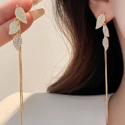 FIMBUL Gold-Plated Artificial Stones Studded Leaf Shaped Drop Earrings image 2