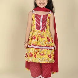 LIL PITAARA Girls Floral Printed Regular Gotta Patti Pure Cotton Kurti with Pyjamas-picture-48