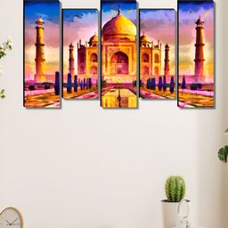 Aura Blue & Gold-Toned 5 Pieces Wooden Tajmahal Wall Paintings-image-67