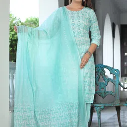 RI AND SU Floral Embroidered Round Neck Pure Cotton Straight Kurta With Salwar & Dupatta-36