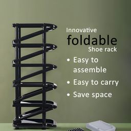 Kuber Industries Black Foldable 6 Tier Shoe Stand With Side Hooks image 2