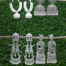 PRIVIU Set of 4 Silver-Plated Dome Shaped Jhumkas Earrings-43