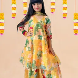 NKV Girls Floral Printed Regular Thread Work Kurta with Sharara & With Dupatta-picture-7