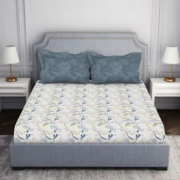 SPACES Blue & White Floral 144 TC Queen Bedsheet with 2 Pillow Covers-64