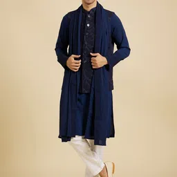 Manyavar Mandarin Collar Straight Kurta With Pyjamas & Nehru Jacket Set-image-53