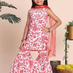 Cutiekins Girls Floral Printed Regular Kurta With Sharara & Dupatta-picture-6