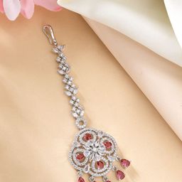 ZENEME Rhodium-Plated American Diamond Studded Maang Tikka Head Jewellery-14
