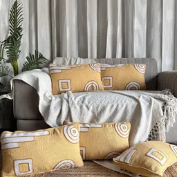 EXPORT HOUSE Yellow & White 5 Pieces Geometric Printed Cotton Rectangle Cushion Covers-12