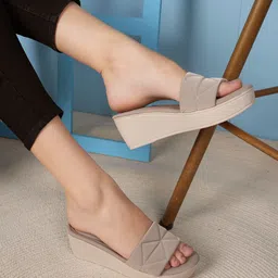 Mast & Harbour Cream Textured Open Toe Wedge Heels-27