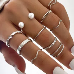 Shining Diva Fashion Set of 10 Silver-Plated Pearls-Studded Finger Rings-5