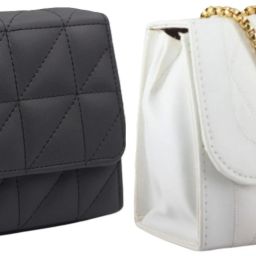 Black, White Women Sling Bag Women Embossed Textured Flap Sling Bag with Adjustable Strap-image-2