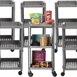 Pack of 6 Multipurpose 3-Layer Office Storage Trolley Rack with Wheels | Grey Plastic Kitchen Trolley-65