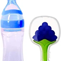 Newborn Baby Feeding Bottle Silicone Squeez Feeding Spoon Milk Cereal Training Feeder and Fruit Shape Silicone Teether(Set of 2) Teether and Feeder-image-120