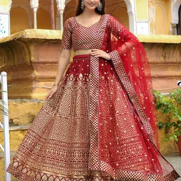 FABPIXEL Embroidered Sequinned Semi-Stitched Lehenga & Unstitched Blouse With Dupatta image 1