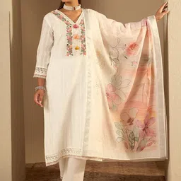 Indo Era Floral Embroidered Pure Cotton Straight Kurta With Trousers & Dupatta-picture-54